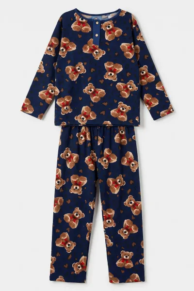 Lacivert (6-14 Yaş) Desenli Yakadan Yarım Düğmeli  Süprem Kumaş Kız Çocuk Pijama Takımı 487218