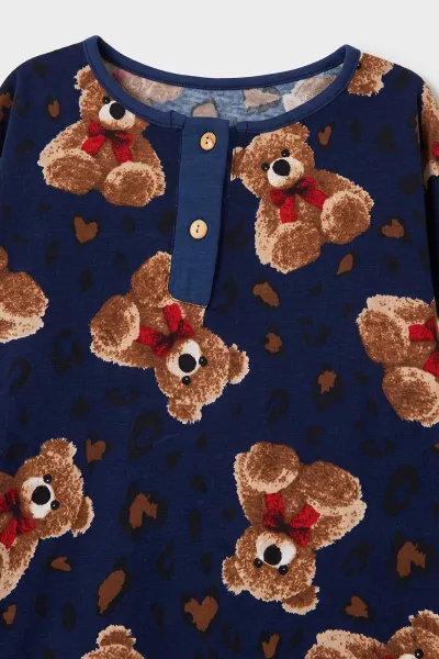 Lacivert (6-14 Yaş) Desenli Yakadan Yarım Düğmeli  Süprem Kumaş Kız Çocuk Pijama Takımı 487218