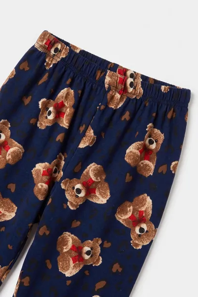 Lacivert (6-14 Yaş) Desenli Yakadan Yarım Düğmeli  Süprem Kumaş Kız Çocuk Pijama Takımı 487218