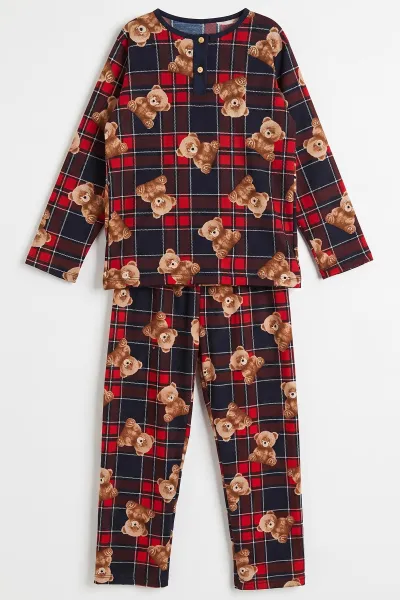 Lacivert (6-14 Yaş) Desenli Yakadan Yarım Düğmeli  Süprem Kumaş Kız Çocuk Pijama Takımı 487223