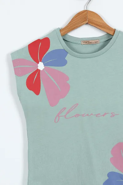 Lacivert (6-14 Yaş) Flowers Baskılı Şortlu Kız Çocuk Yazlık Takım 342563