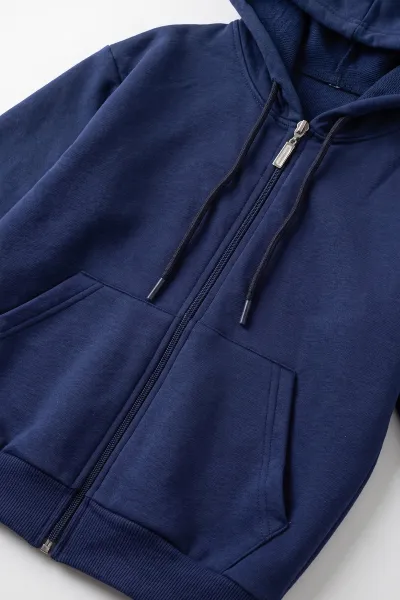 Lacivert (6-14 Yaş) Kapüşonlu ve Fermuarlı 2 İp Penye Kumaş Unisex Çocuk  2'li Takım 488732