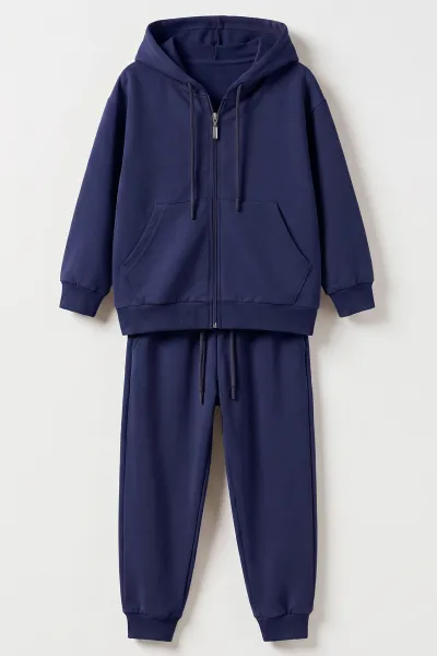 Lacivert (6-14 Yaş) Kapüşonlu ve Fermuarlı 2 İp Penye Kumaş Unisex Çocuk  2'li Takım 488732