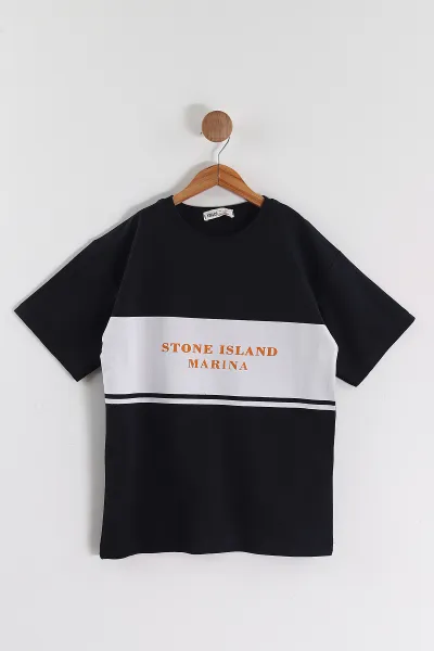 Lacivert (6-14 Yaş) Stone Island Baskılı 2 İp Erkek Çocuk Tişört 469284