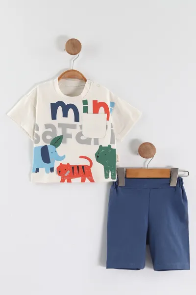 Lacivert (6-24 Ay) Safari Baskılı Cep Detaylı Erkek Bebek Yazlık Takım 467671