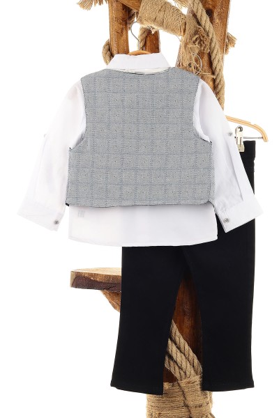 Lacivert (6-9 Yaş) Ekose Desenli Papyonlu Erkek Çocuk Takım 159013