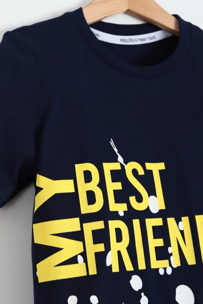 Lacivert (6-9 Yaş) My Best Frıend Baskılı Kot Şortlu Erkek Çocuk Takım 193103