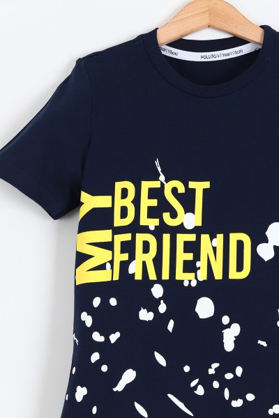 Lacivert (6-9 Yaş) My Best Frıend Baskılı Kot Şortlu Erkek Çocuk Takım 193103