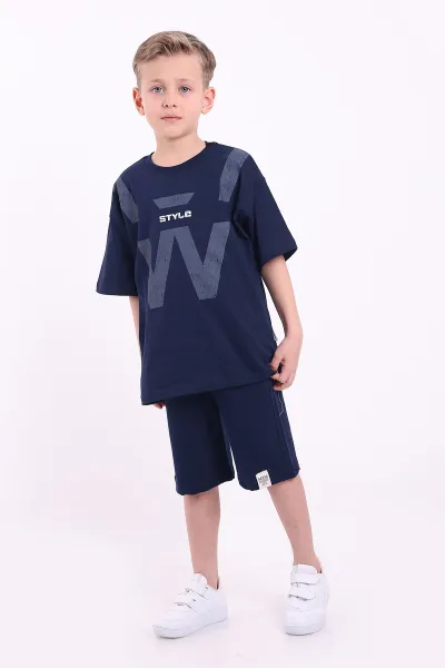 Lacivert (7-10 Yaş) Style Baskılı Şortlu Penye Erkek Çocuk Yazlık Takım 347470