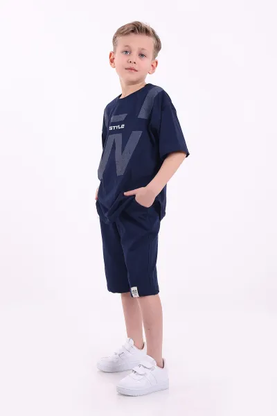 Lacivert (7-10 Yaş) Style Baskılı Şortlu Penye Erkek Çocuk Yazlık Takım 347470