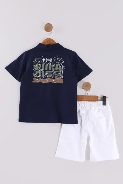 Lacivert (7-11 Yaş) Surf Tribe Baskılı Gömlek Yaka Tişörtlü   Gabardin  Şortlu Erkek Çocuk Yazlık Takım 441759