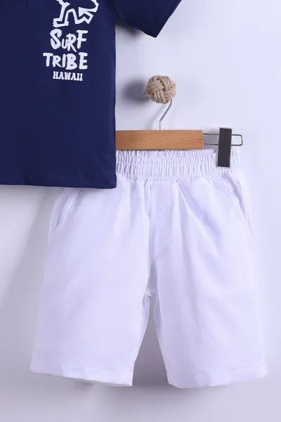 Lacivert (7-11 Yaş) Surf Tribe Baskılı Gömlek Yaka Tişörtlü   Gabardin  Şortlu Erkek Çocuk Yazlık Takım 441759