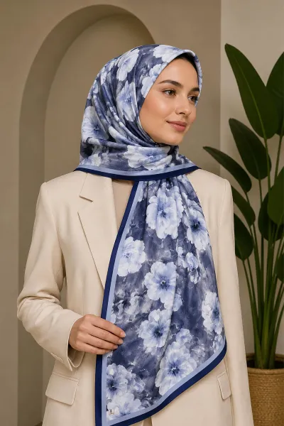 Lacivert 70x180 Cm Dijital Baskılı Çiçek Desen Soft Şal 482113