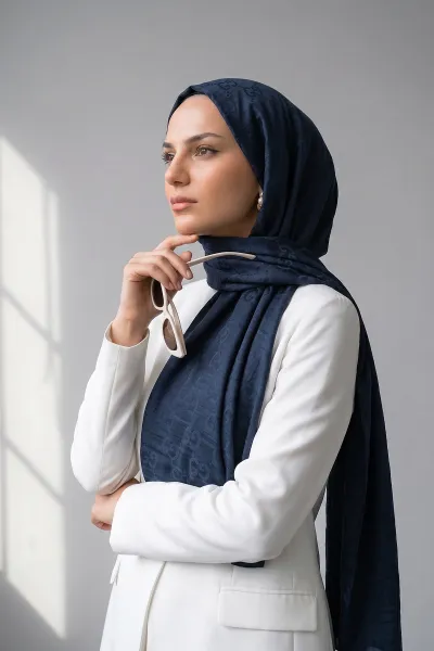 Lacivert 70x180 Cm Elegance Premium Pamuk Jakar Şal 475024