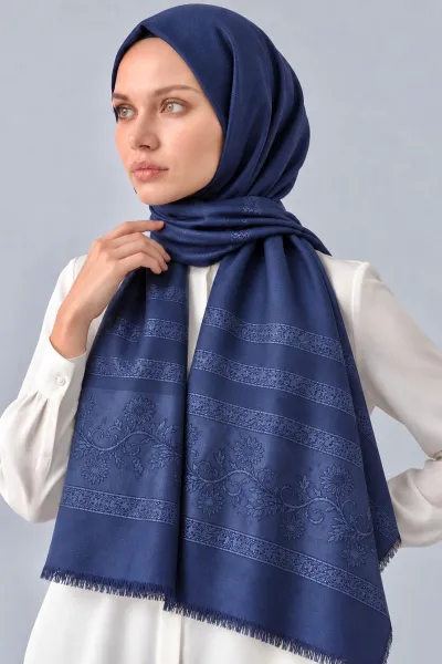 Lacivert 70x180 Cm Floral Premium Jakarlı Pamuk Şal 494061