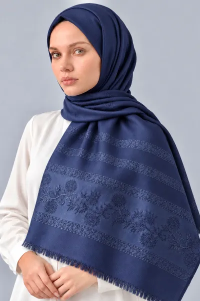 Lacivert 70x180 Cm Floral Premium Jakarlı Pamuk Şal 494061