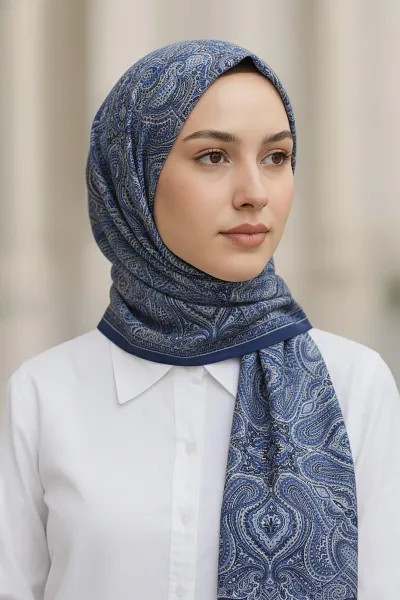 Lacivert 75x180 Cm Our Fashion Dijital Baskılı Desenli Bambu Kraş Şal 408712