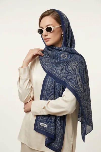 Lacivert 75x180 Cm Our Fashion Dijital Baskılı Desenli Bambu Kraş Şal 408712