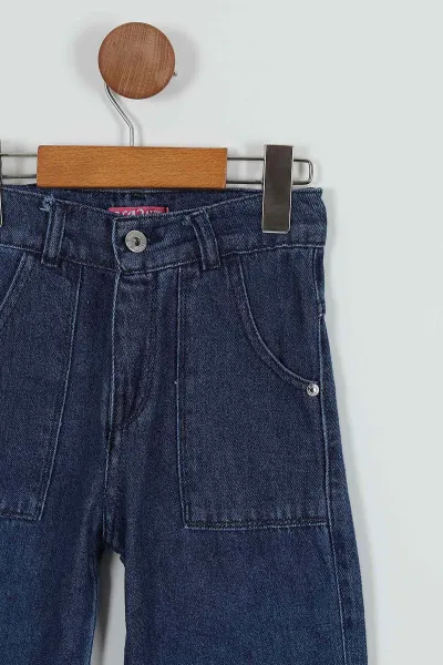 Lacivert (8-12 Yaş) Düğmeli Kız Çocuk Kot Pantolon 252381