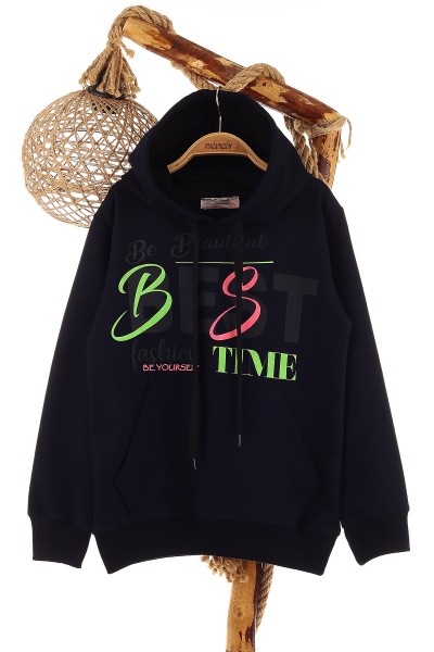 Lacivert (9-12 Yaş) Best Baskılı Kapüşonlu Kız Çocuk Sweat 152884