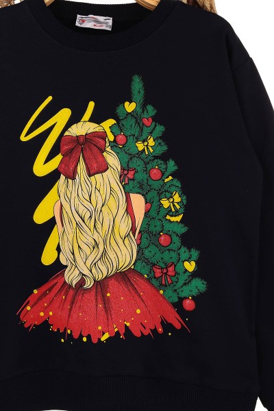 Lacivert (9-12 Yaş) Noel Ağaç Baskılı  İki İp Şardonlu Kız Çocuk Sweat 149087