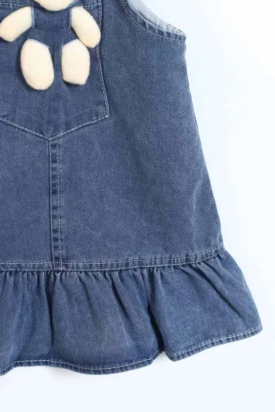 Lacivert (9-24 Ay)Ayı Oyuncaklı Dantel Detaylı Kız Bebek Kot Elbise 325576