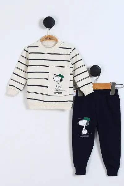 Lacivert (9-24 Ay)Baskılı Çizgi Desenli Erkek Bebek Mevsimlik Takım 338845