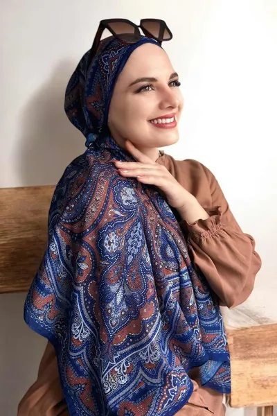 Lacivert 90x90 Cm Dijital Baskı Etnik Desenli Pamuk Eşarp 367879