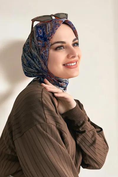 Lacivert 90x90 Cm Dijital Baskı Jevel Desenli Pamuk Eşarp 364737