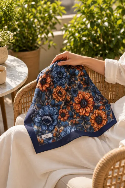 Lacivert 90x90 Cm Dijital Baskılı Camelia Desen Kutulu Twill Eşarp 501143