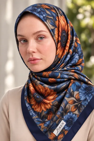 Lacivert 90x90 Cm Dijital Baskılı Camelia Desen Kutulu Twill Eşarp 501143