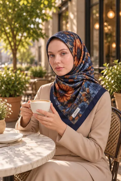 Lacivert 90x90 Cm Dijital Baskılı Camelia Desen Kutulu Twill Eşarp 501143