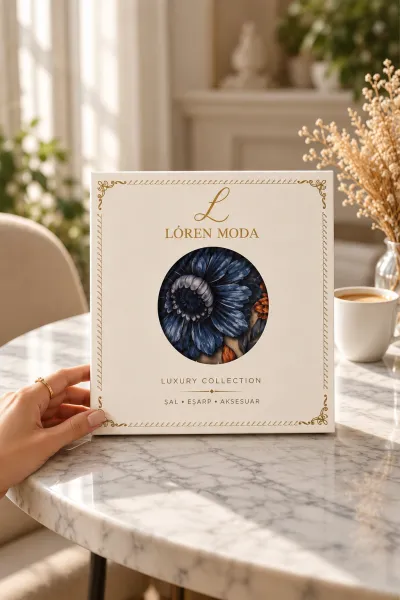 Lacivert 90x90 Cm Dijital Baskılı Camelia Desen Kutulu Twill Eşarp 501143