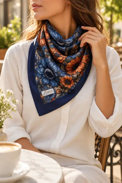Lacivert 90x90 Cm Dijital Baskılı Camelia Desen Kutulu Twill Eşarp 501143