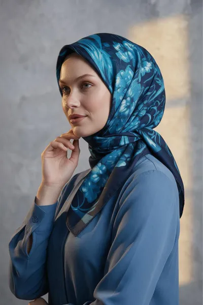 Lacivert 90x90 Cm Dijital Baskılı Edenia Desen Soft Eşarp 498554