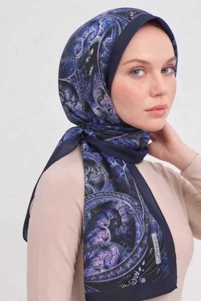 Lacivert 90x90 Cm Dijital Baskılı Filigree Desen Soft Eşarp 498759