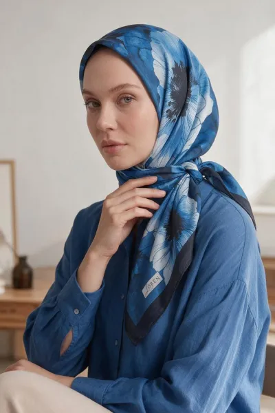 Lacivert 90x90 Cm Dijital Baskılı Florenza Desen Soft Eşarp 498668