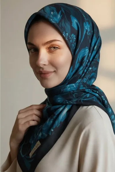 Lacivert 90x90 Cm Dijital Baskılı Gardenia Desen Kutulu Twill Eşarp 501001
