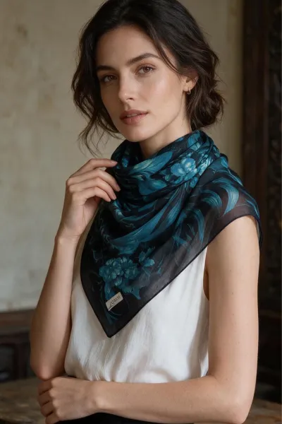 Lacivert 90x90 Cm Dijital Baskılı Gardenia Desen Kutulu Twill Eşarp 501001
