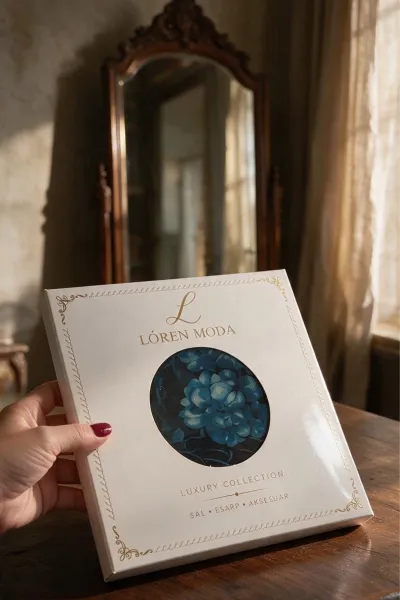 Lacivert 90x90 Cm Dijital Baskılı Gardenia Desen Kutulu Twill Eşarp 501001