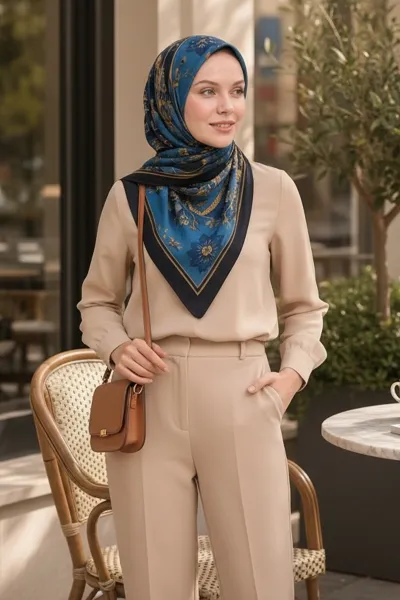 Lacivert 90x90 Cm Dijital Baskılı Heritage Desen Soft Eşarp 498578
