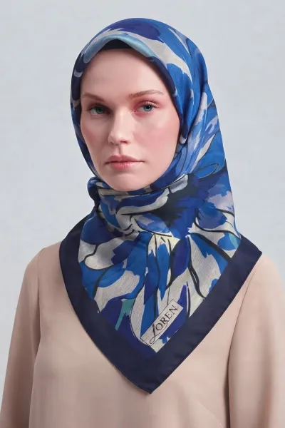 Lacivert 90x90 Cm Dijital Baskılı Magnolia Desen Soft Eşarp 498592