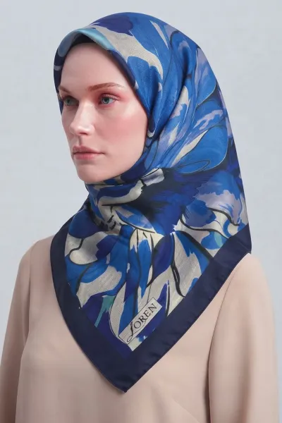 Lacivert 90x90 Cm Dijital Baskılı Magnolia Desen Soft Eşarp 498592