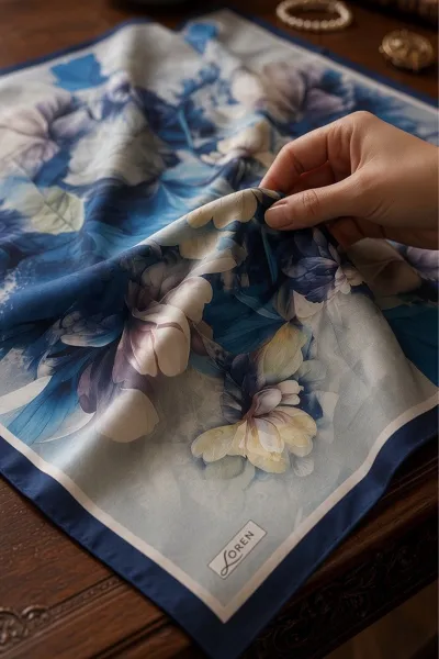 Lacivert 90x90 Cm Dijital Baskılı Petalia Desen Kutulu Twill Eşarp 501139