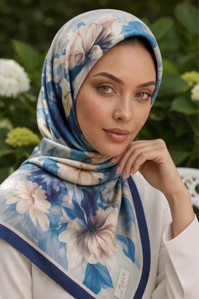 Lacivert 90x90 Cm Dijital Baskılı Petalia Desen Kutulu Twill Eşarp 501139