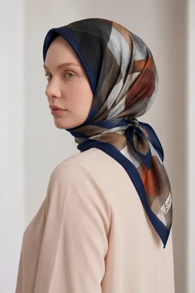 Lacivert 90x90 Cm Dijital Baskılı Prizma Desen Soft Eşarp 498513