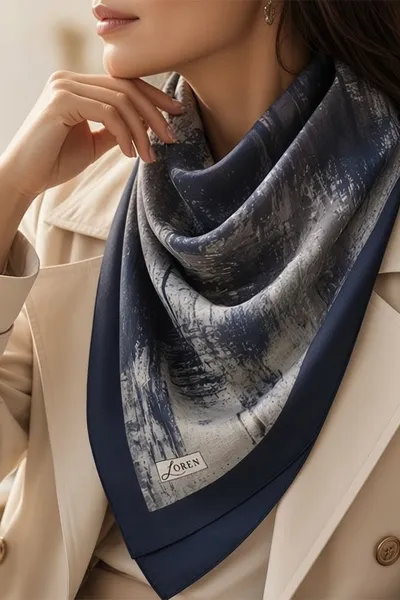 Lacivert 90x90 Cm Dijital Baskılı Tela Desen Kutulu Twill Eşarp 501043