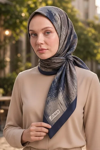 Lacivert 90x90 Cm Dijital Baskılı Tela Desen Kutulu Twill Eşarp 501043
