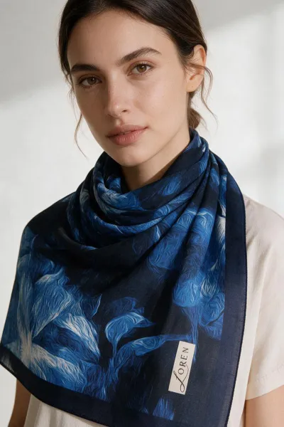 Lacivert 90x90 Cm Dijital Baskılı Velvet Bloom Desen Soft Eşarp 498528
