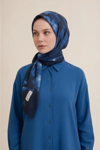 Lacivert 90x90 Cm Dijital Baskılı Velvet Bloom Desen Soft Eşarp 498528